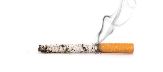 Cigarette butt with ash isolated on white background