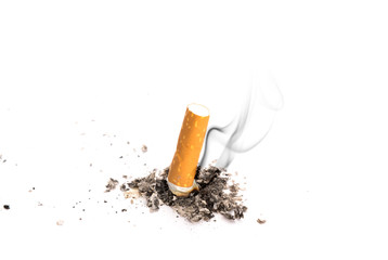 Cigarette butt with ash isolated on white background
