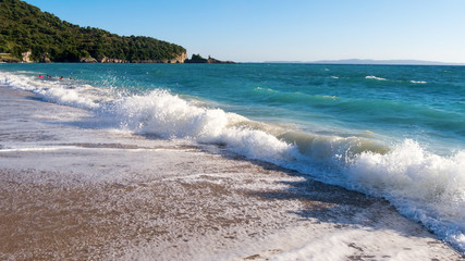 White sand beach and blue sky. Beach background in Greece