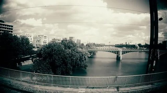 Train approaching Paris, panoramic view of river, bridges, buildings. 04