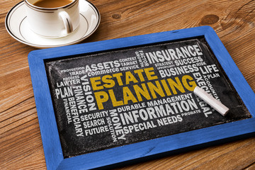 estate planning with related word cloud on blackboard - obrazy, fototapety, plakaty