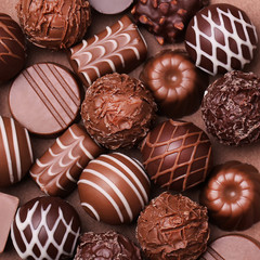 Chocolate candies. Belgian truffles. Background