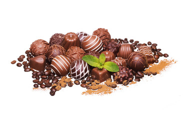 Chocolate candies. Pale of Belgian truffles isolated on white