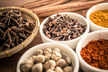 Wooden table of colorful spices