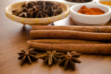 Wooden table of colorful spices