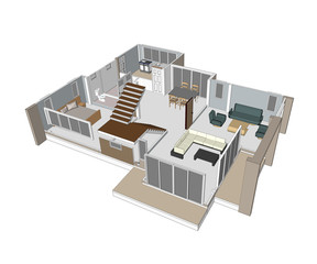 layout of the home. Wire-frame render on white background.