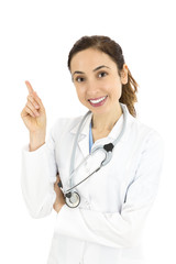 Smiling doctor showing product or copy space