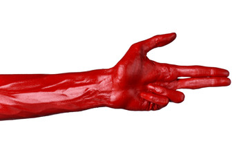 Red hand on white background, isolated, paint