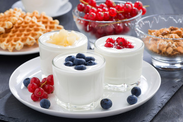 assortment natural yogurt with fresh berries and waffles 