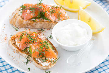 bread with salted salmon and cream cheese for breakfast