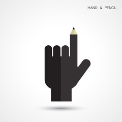 Creative pencil and hand icon abstract logo design vector templa