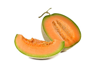 ripe orange melon with stem on white background
