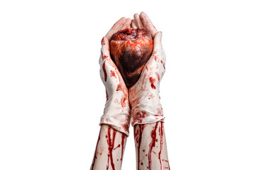 Bloody hand surgeon holding a human heart in a white gloves