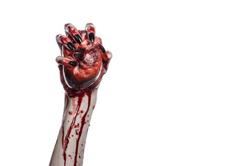 bloody hands with black nails holding bloody human heart