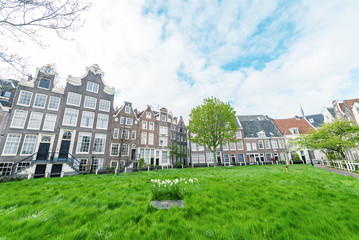 Begijnhof courtyard with  garden surrounded by historic houses i