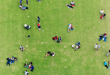Ninety degrees view of people relaxing on a meadow