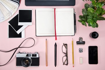 Top view of a designer working desk.