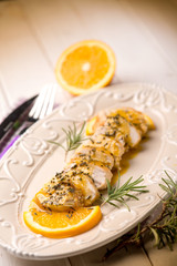 roasted meat with orange sauce, selective focus