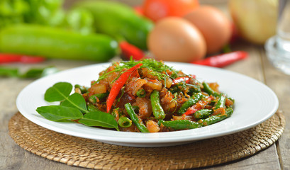 Stir-fried pork with lentil   in spicy red chilli ,thais cuisine