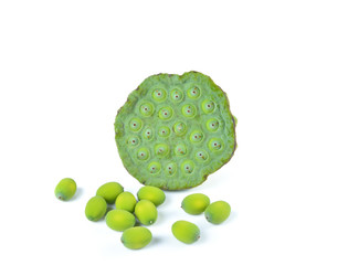 Lotus seeds ,green pod  on white background.