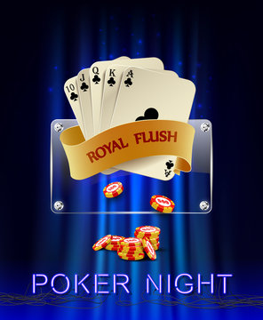 Casino background with poker combination royal flush and chips. 