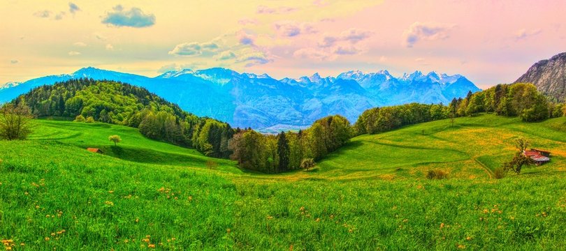 Green swiss pastures in valley and mountain range 