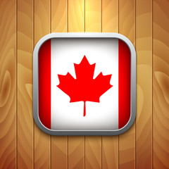 Rounded Square Canadian Flag Icon on Wood Texture.