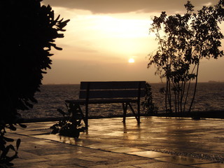 Fototapeta na wymiar Lonely bench Piraeus Greece