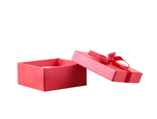 Red gift box with white ribbon isolated 