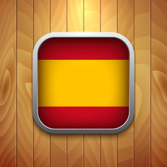 Rounded Square Spain Flag Icon on Wood Texture.