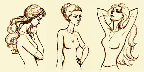 Pencil sketch of a series of drawings female portraits