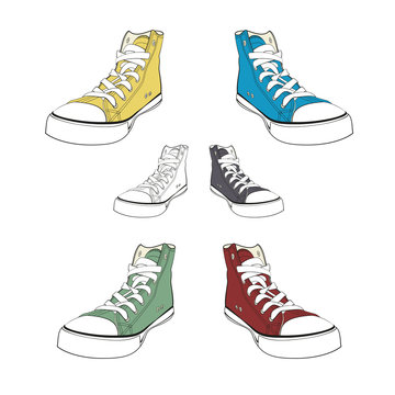 Colorful gumshoes. Isolated on white concept vector sneakers.