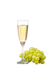 glass of wine and grape branch isolated on white background