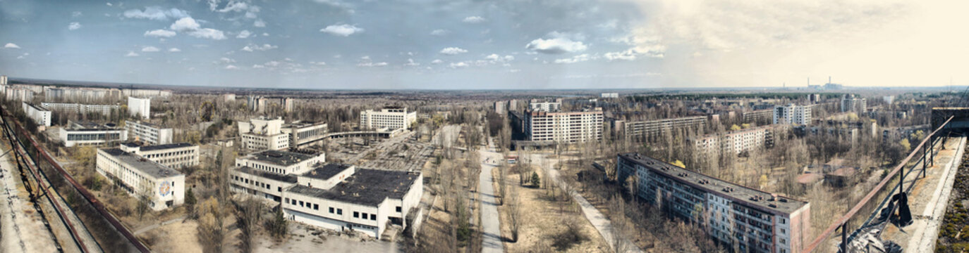 Panorama of abandoned Chernobyl from rooftop on nuclear power pl