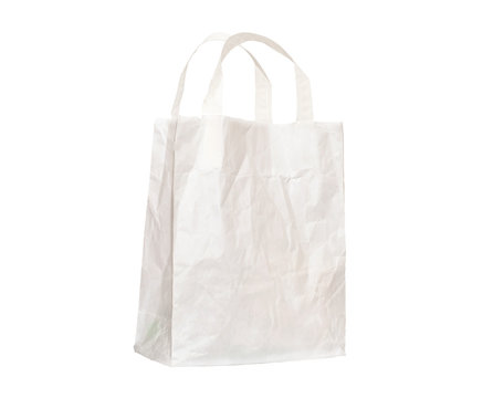Old white paper bag with handles, crumpled,isolated