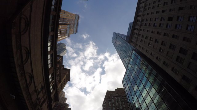 Skyscrapers rising up to sky on Lower Manhattan