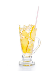 Refreshing ice cold ginger lemon tea in glass on vertical format