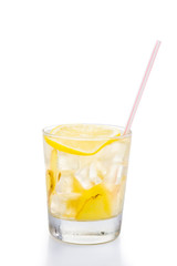 Refreshing ice cold ginger lemon tea in glass on vertical format