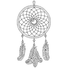 Amulet Dream catcher. Hand-drawn illustration. Colouring page.
