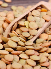 Heap of green lentil with spoon on wooden background