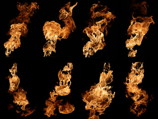 Fire isolated on black photo collage