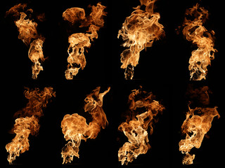 Fire isolated on black photo collage - obrazy, fototapety, plakaty