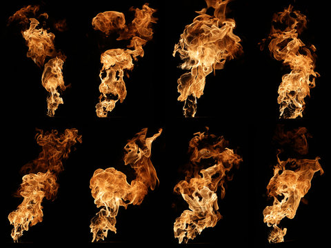 Fire isolated on black photo collage