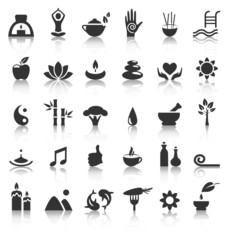 Spa yoga zen flat icons with reflection on white background