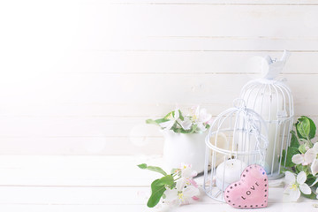 Background  with apple blossom, candles, decorative heart