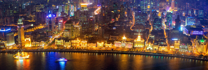 Fototapeta na wymiar The Bund panorama aerial view at night, Shanghai, China