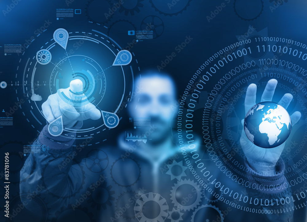 Poster man touching a glass panel full of informations and graphs