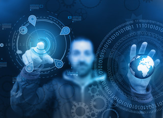 Man touching a glass panel full of informations and graphs