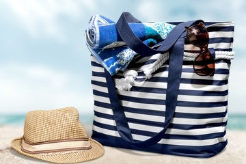 Naklejka premium Beach, Bag, Group of Objects.