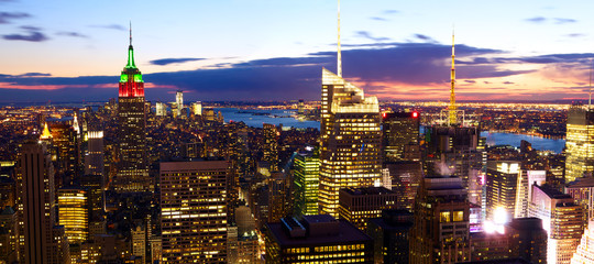 New York City skyline panorama at dusk, United States